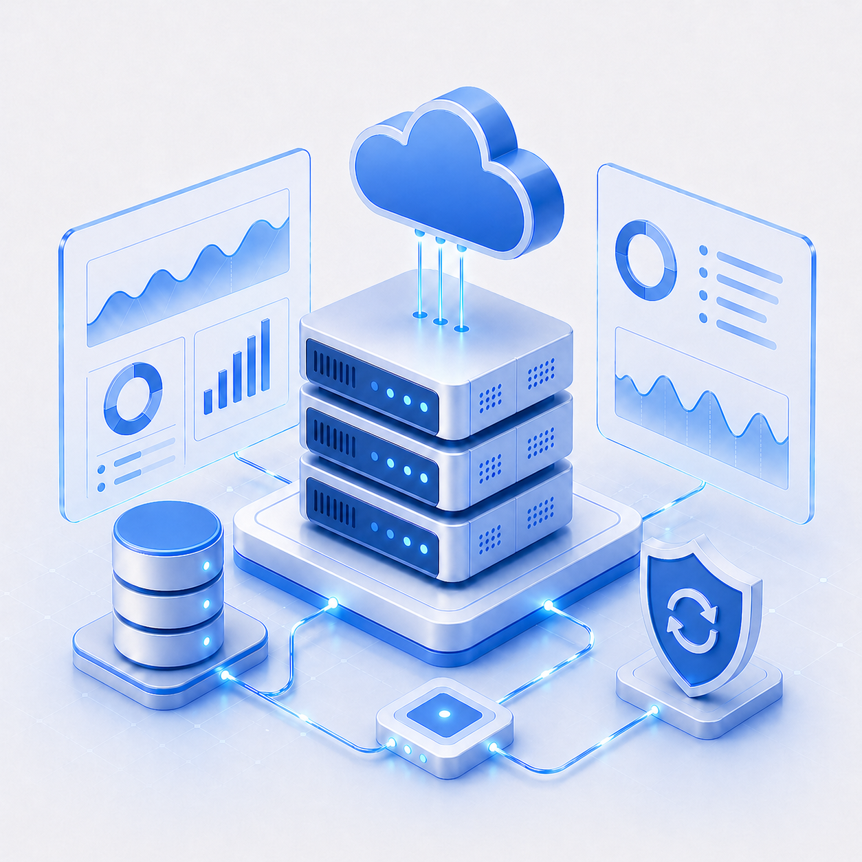 Illustration einer betreuten Serverumgebung mit Monitoring, Cloud und Sicherheitsschild