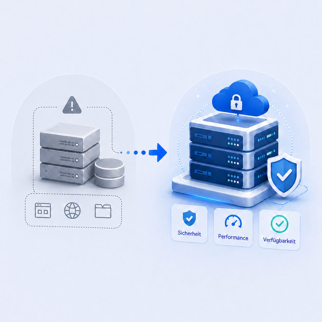 Visualisierung einer Migration von bestehendem Hosting in eine sichere betreute Serverumgebung